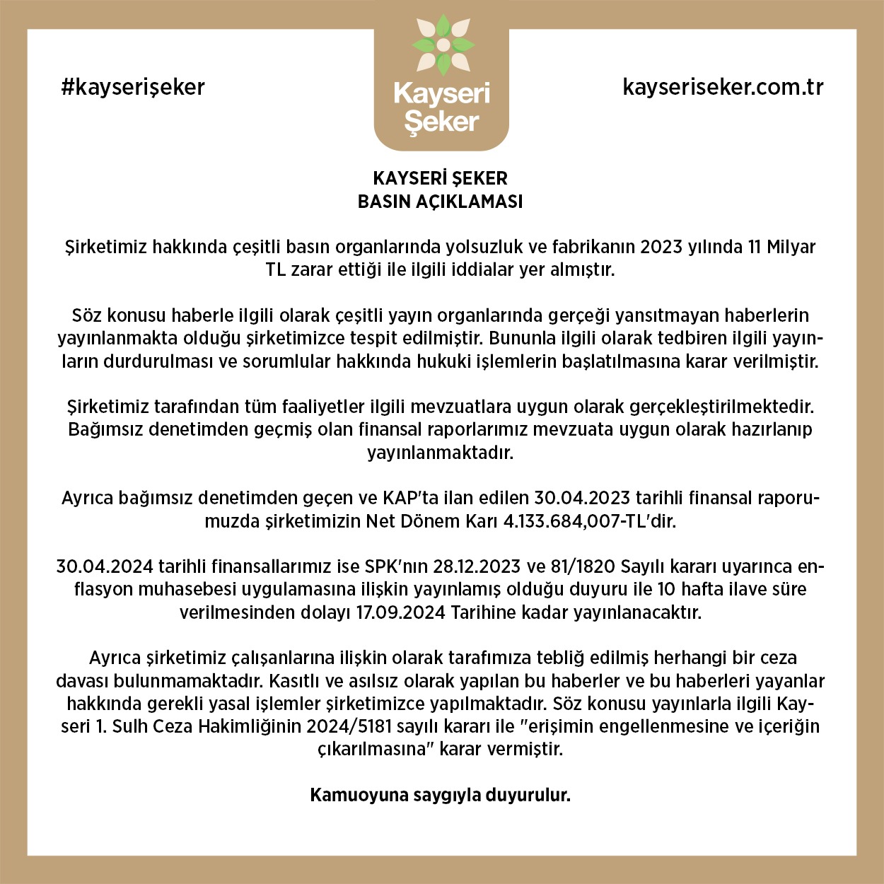 Kayseri Şeker den iddialara sert yanıt