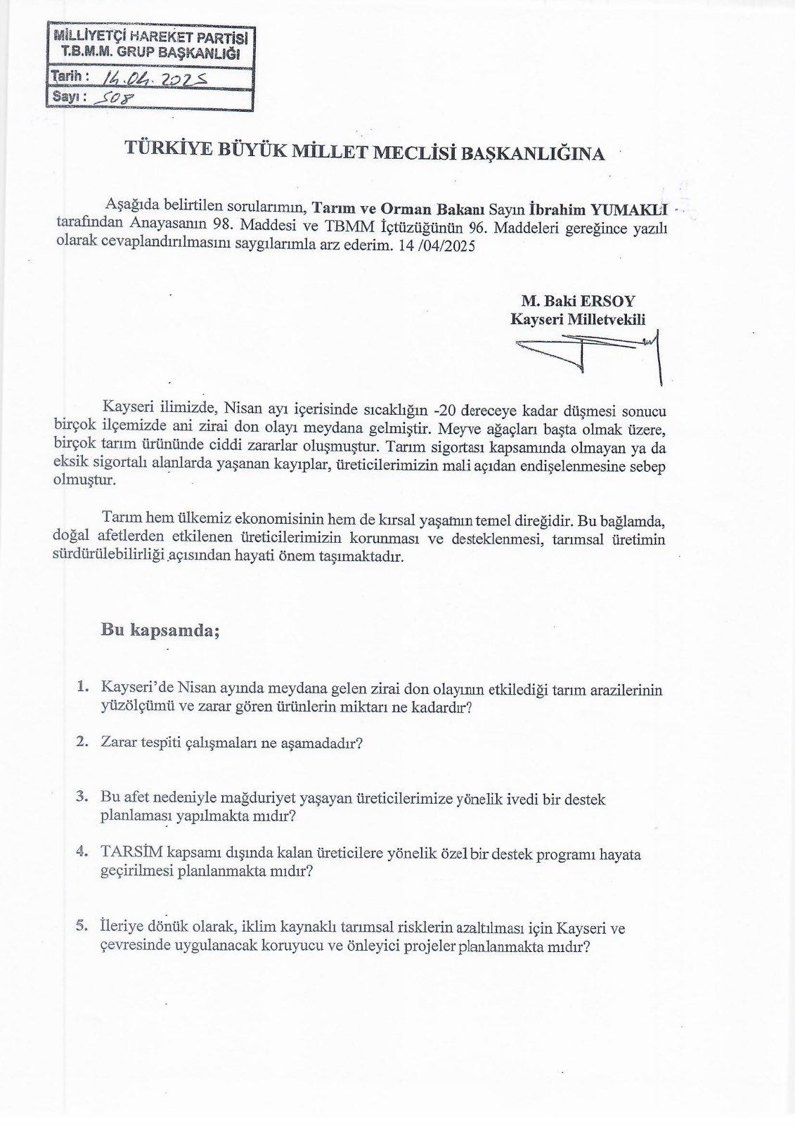 MHP Kayseri Milletvekili Baki Ersoy'dan Tarım ve Orman Bakanlığı'na Üreticilere Acil Destek Çağrısı