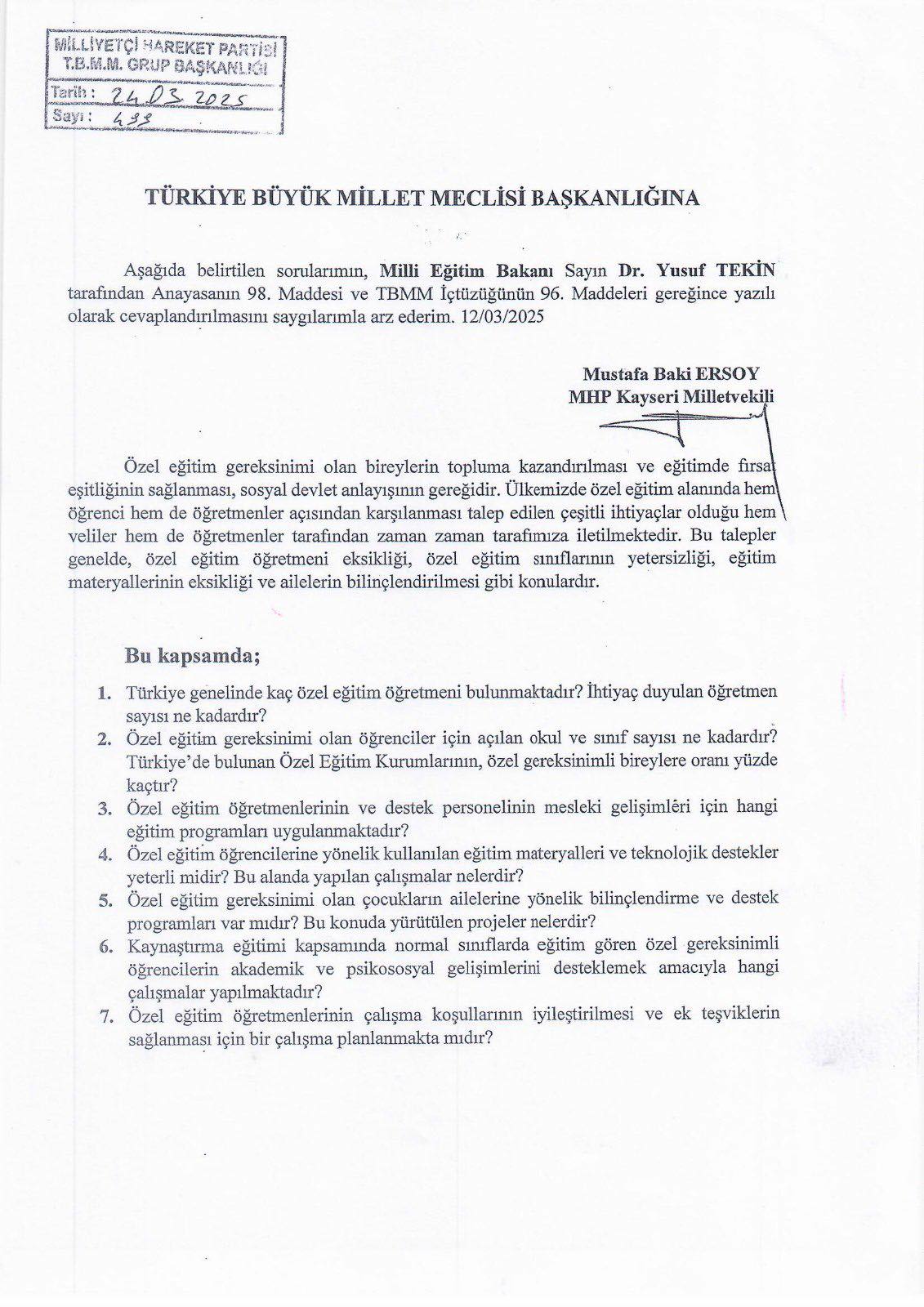 MHP’li Ersoy’dan Özel Eğitimle İlgili Kritik Soru Önergesi