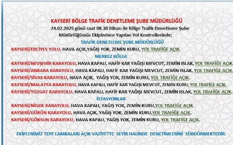Kayseri Bölge Trafik Denetleme Şube Müdürlüğü Yol Durumunu Açıkladı