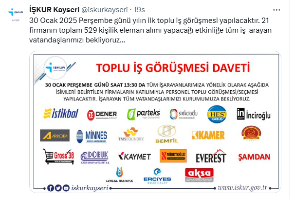 İŞKUR Kayseri 2025 Yılının İlk Toplu İş Görüşmesini Duyurdu: 529 Kişilik Alım Yapılacak