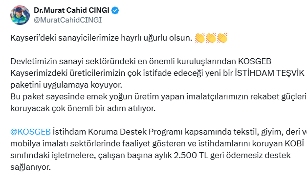 AK Parti’li Cıngı’dan Kayserili Üreticilere Müjde: "KOSGEB İstihdam Desteği" Başvuruları 31 Ocak’ta Başlıyor