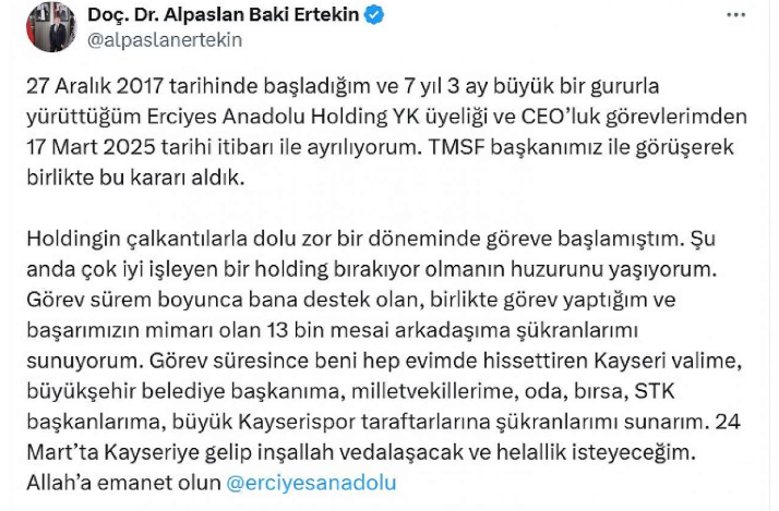 Erciyes Anadolu Holding CEO'su Ertekin görevinden ayrıldı