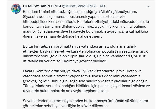 Kayseri Milletvekili Murat Cahit Cıngı'dan Cemal Enginyurt'a Sert Tepki: "Kirli Ağız Sahibi Popülistlerin Son Çırpınışları"