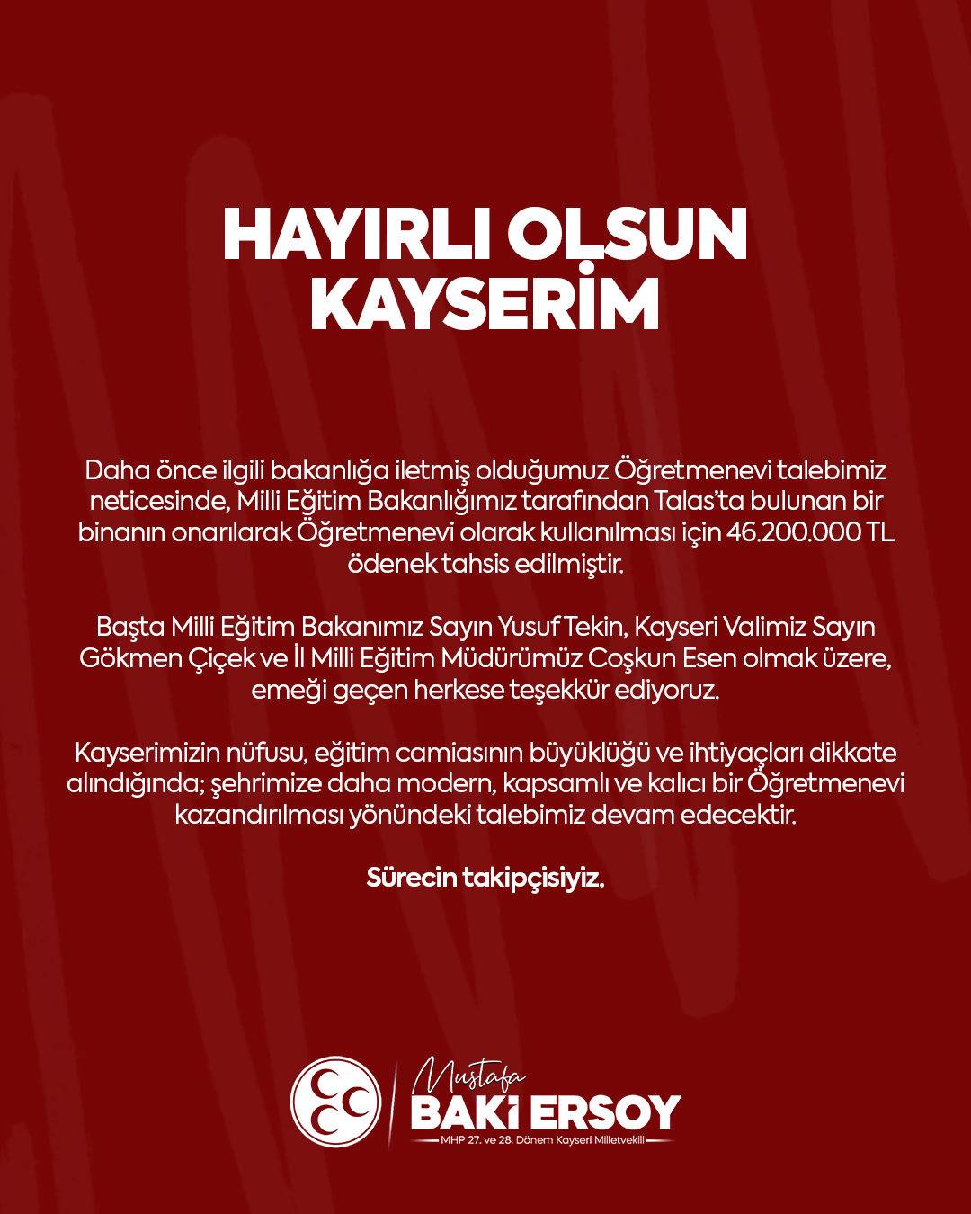 Talas'a Yeni Öğretmenevi Geliyor: 46,2 Milyon TL Ödenek Tahsis Edildi