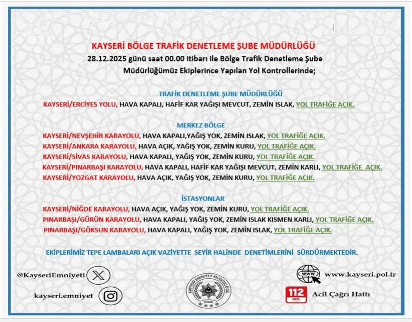 Kayseri'de 28 Aralık Yol ve Hava Durumu: Bazı Yollarda Karla Mücadele Devam Ediyor