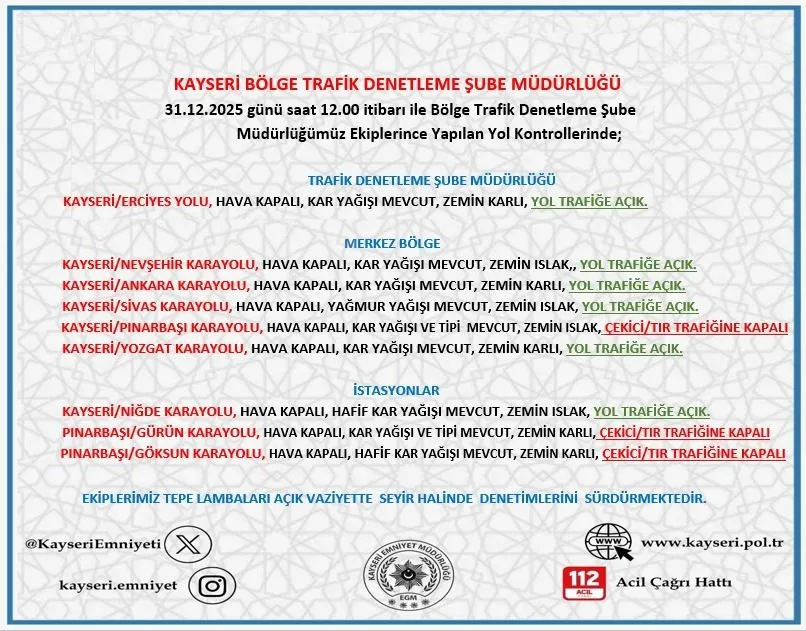 Kayseri'de Kar Yağışı Etkisini Sürdürüyor: Açık Olan Yollarda Sürüş Tedbirleri Kritik