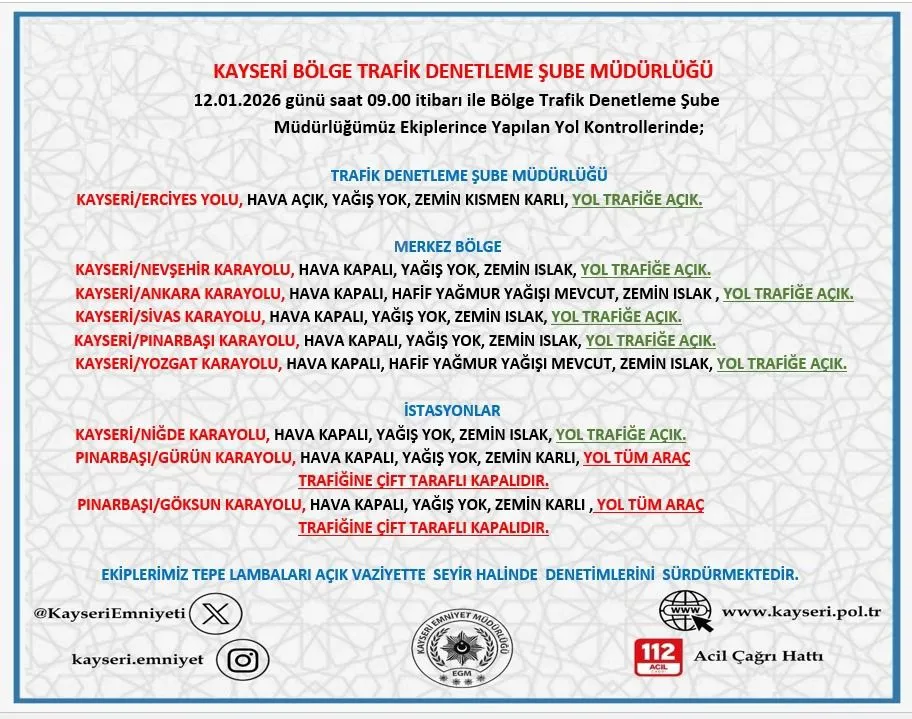 Kayseri'de Sabah Saatlerinde Hava ve Yol Durumu: İki Yolda Trafik Kapalı