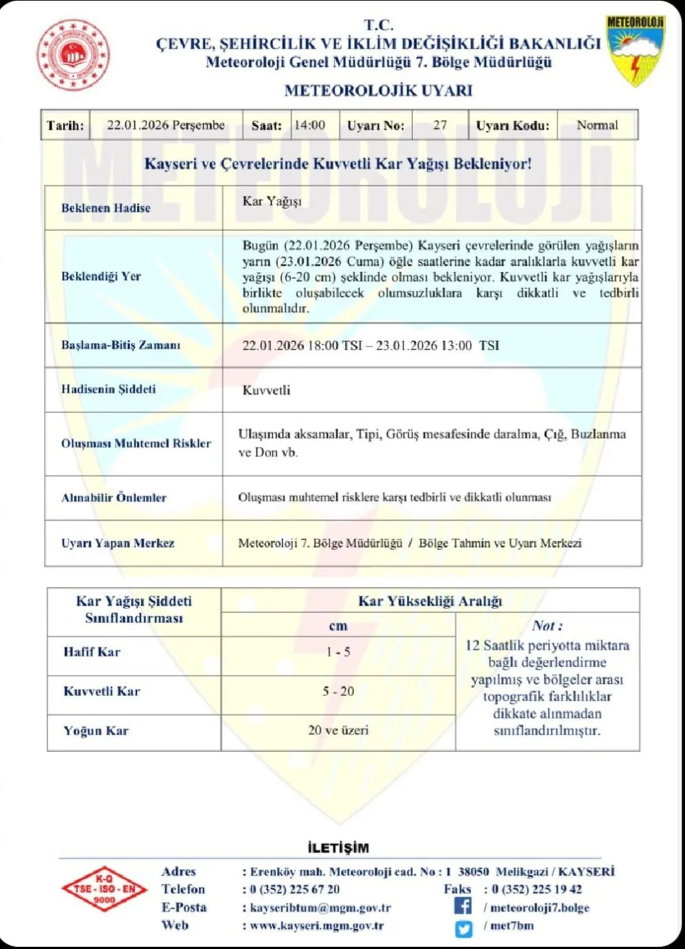 Kayseri için kuvvetli kar yağışı uyarısı
