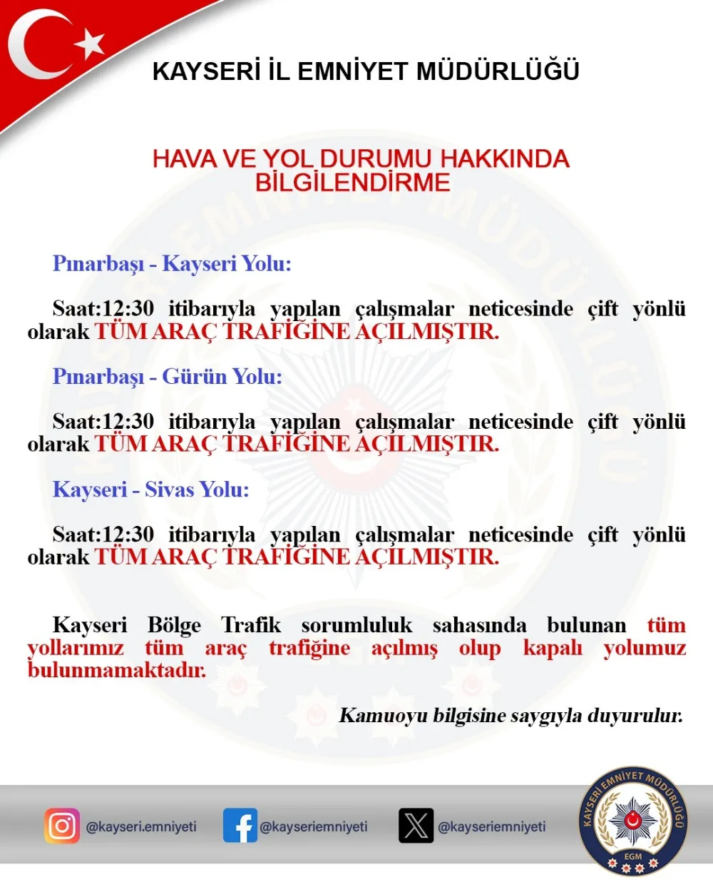 Kayseri’de kar yağışı nedeniyle kapalı tüm güzergahlar trafiğe açıldı