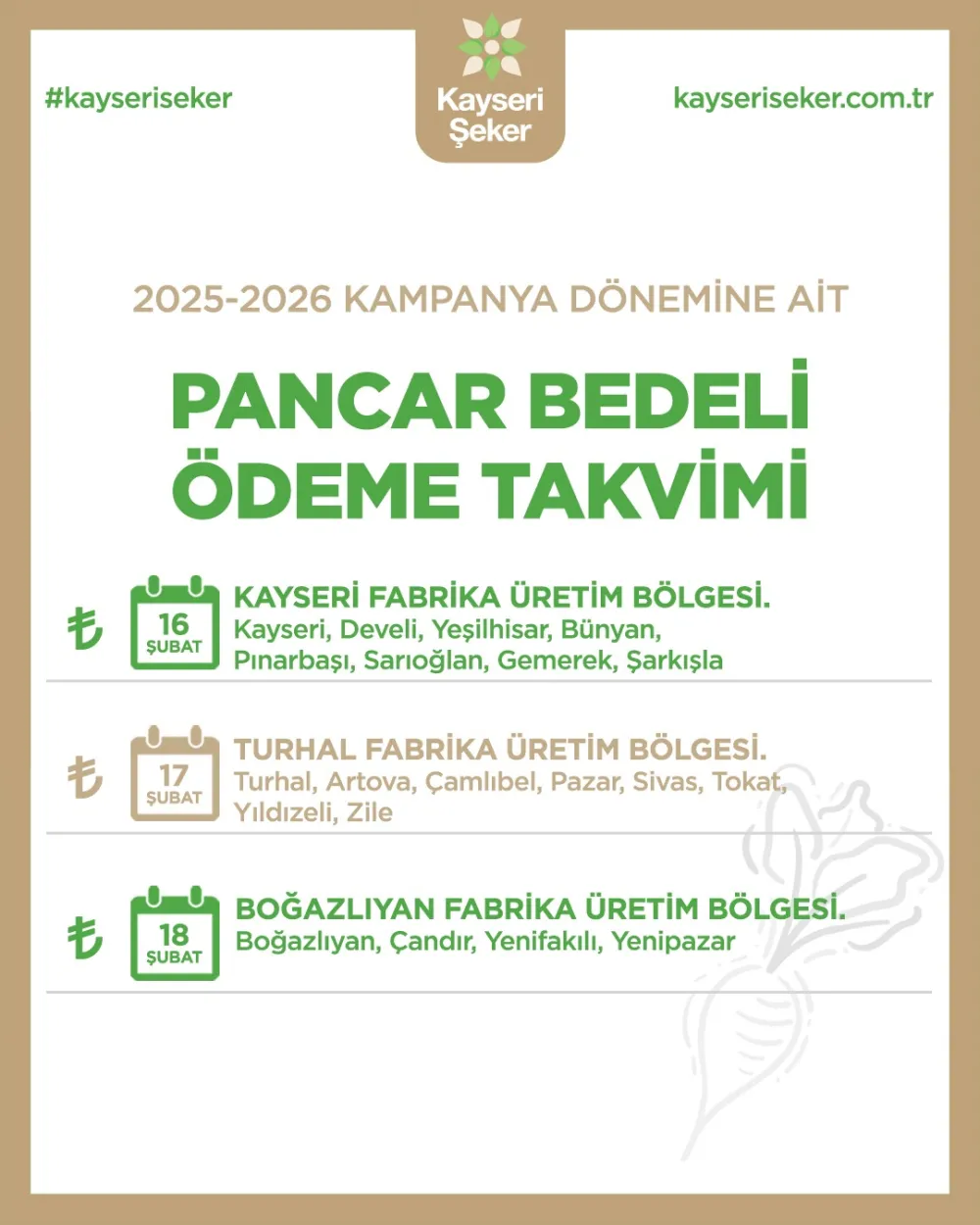 Kayseri Şeker 2025–2026 Pancar Bedeli Ödeme Takvimini Açıkladı