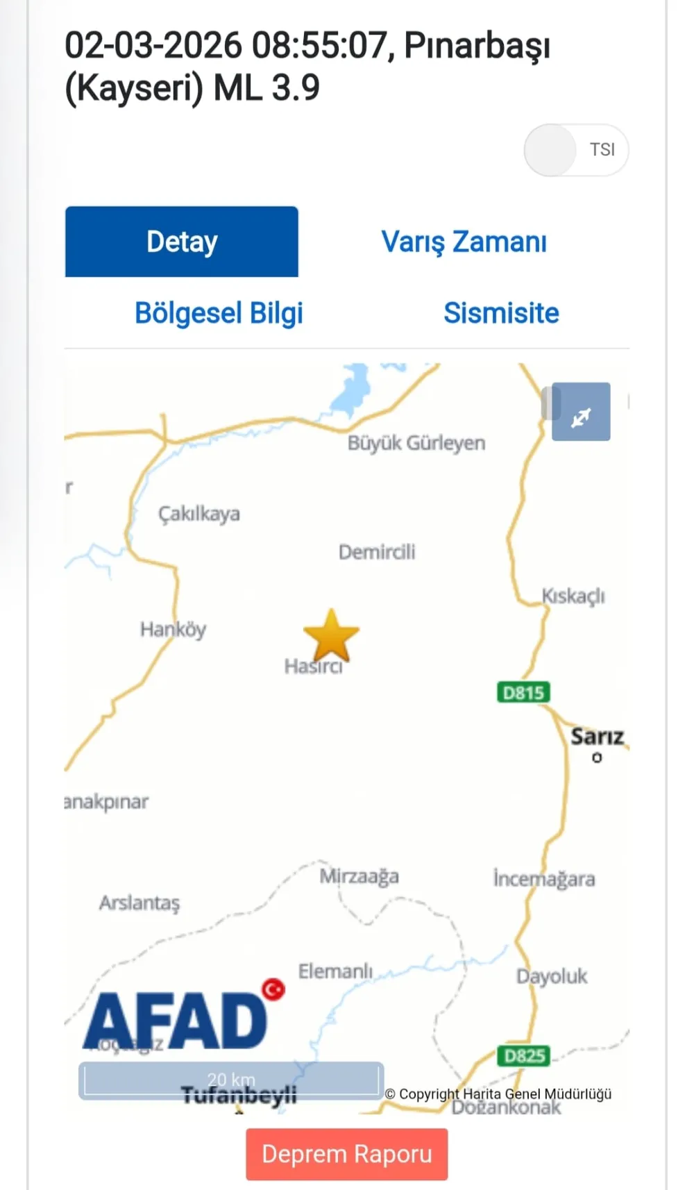 Kayseri’de 3,9 büyüklüğünde deprem
