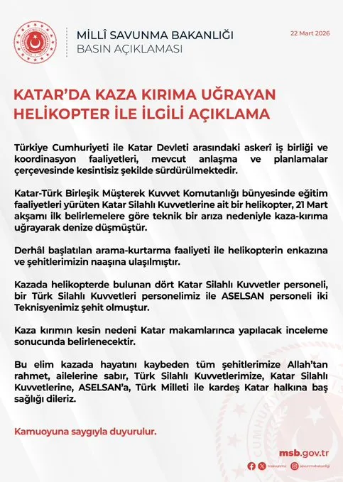 Katar’da helikopter kazası: 3 şehidimiz var
