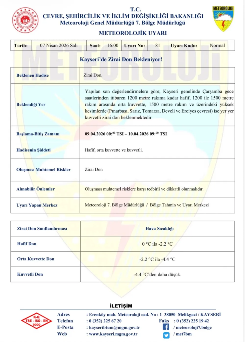 Kayseri’de zirai don uyarısı