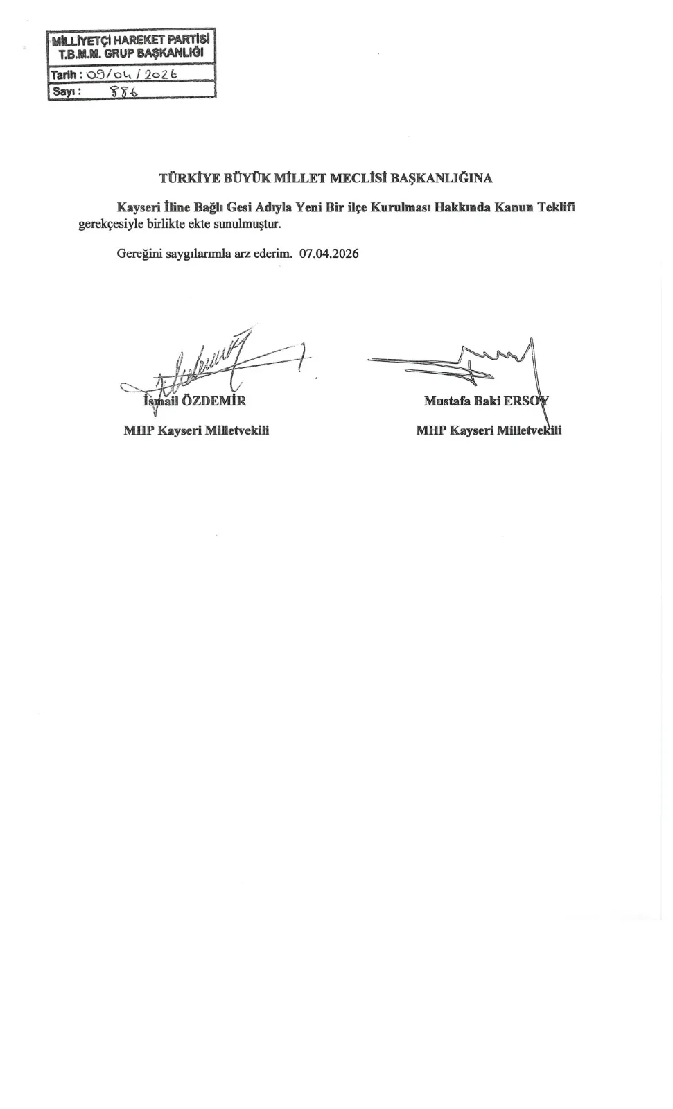 MHP’den Gesi ve Erkilet’in ilçe statüsüne dönüştürülmesi için kanun teklifi